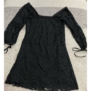 Solitaire Ravi Khosla Mini Dress Womens Medium Square Neck Lace Longsleeve Black